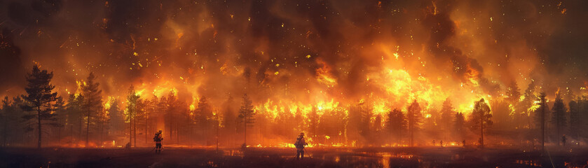 Wildfire raging in a forest at night heroic firefighters battling the blaze natures fury meets human courage - obrazy, fototapety, plakaty