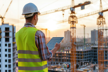 Engineer in a white helmet and yellow vest standing on a construction site roof with cranes, utilizing a tablet.