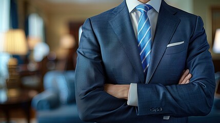 a close up of a person wearing a suit and tie with his arms crossed and a blue couch in the background. - obrazy, fototapety, plakaty