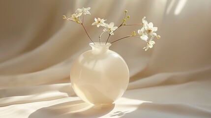 a white vase filled with white flowers on top of a bed of white drapulated fabric on top of a bed of white sheets.