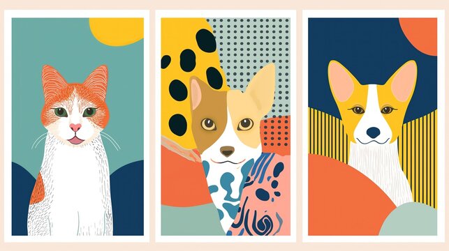 happy boho cat and dog illustration collection set, minimal style artful wall art decor idea, summer cheerful and joyful vibe, Generative Ai