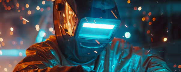 Welder in a futuristic visor fusing materials with a laser in zero gravity sparks illuminating the space