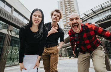 Obraz premium Three business associates show personality and fun during a casual outdoor meeting in a modern urban setting.