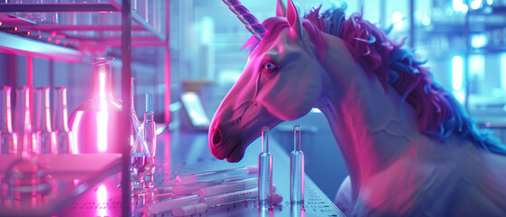 Unicorn in a biotech lab its horn glowing with regenerative energy scientists studying its genetic blueprint