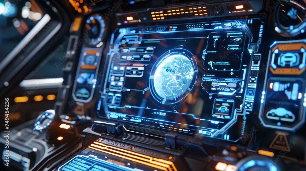 Poster an hud interface with a 3d future vehicle design