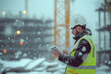 architect in white helmet and yellow vest standing on the roof on construction site with cranes in winter