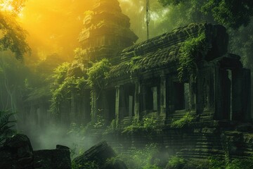 Ancient temple in morning mist.