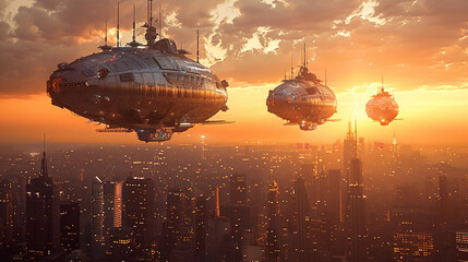 Steampunk airships floating above a Victorian inspired futuristic city sunset backdrop - obrazy, fototapety, plakaty