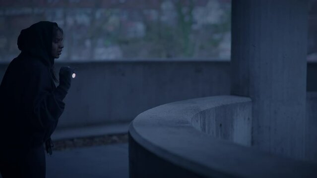 Scared Female Person in Black Clothes Run Away From Suspicious Character 