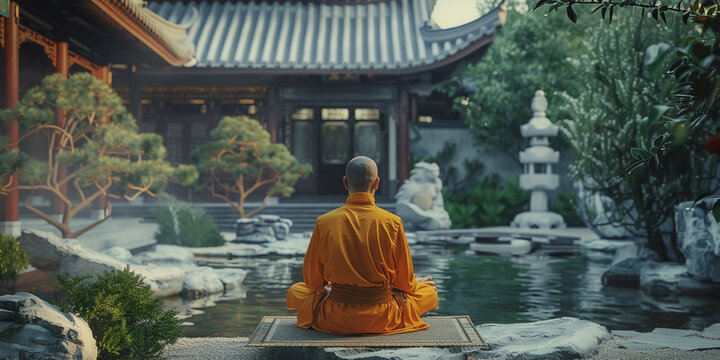 Shaolin Monk practicing cyber enhanced kung fu meditating in a virtual Zen garden