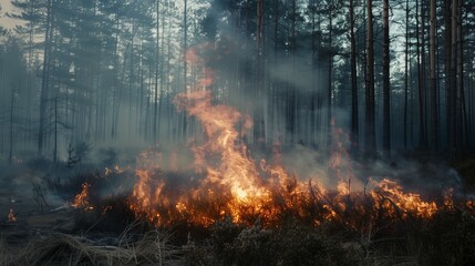 Controlled burn in a forest setting with flames consuming underbrush and producing smoke, creating a dramatic scene amidst tall pine trees. - obrazy, fototapety, plakaty