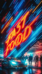 Fast Food Neon Sign - Night Street View