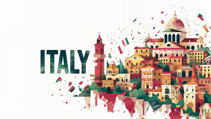 Depiction of an iconic Italian landmark adorned in the hues of the Italian flag alongside the text "ITALY" against a white background