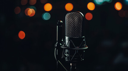 A modern black podcast microphone with blurred lights in the background, space for text