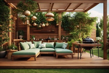 luxury wooden teak deck with BBQ grill and decor furniture. Side view of a wooden pergola in green garden with a sun flares in the background.