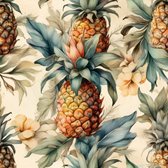 Obraz premium Watercolor pineapple pattern, generative ai