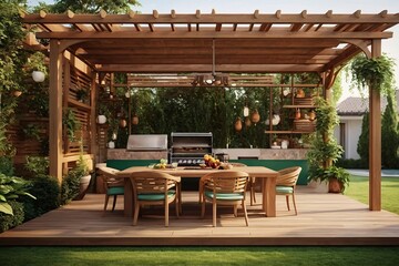 Fototapeta na wymiar luxury wooden teak deck with BBQ grill and decor furniture. Side view of a wooden pergola in green garden with a sun flares in the background.