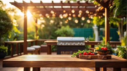 Fototapeta na wymiar luxury wooden teak deck with BBQ grill and decor furniture. Side view of a wooden pergola in green garden with a sun flares in the background.