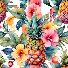 Watercolor pineapple pattern, generative ai