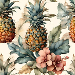 Fototapeta premium Watercolor pineapple pattern, generative ai