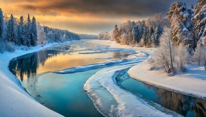 Landscape frozen and snow-covered river surface - obrazy, fototapety, plakaty