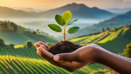 Hand holding a plant with soil with landscape background