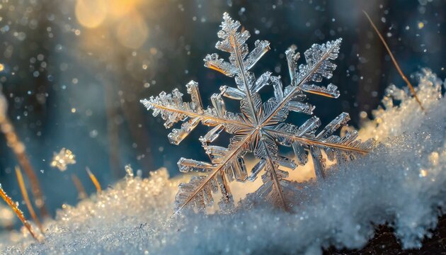 Texture of snowflake close up; macro photo; white snow; snowflakes