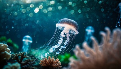 Close up beautiful jellyfish in the ocean bokeh effect - Powered by Adobe