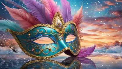 Möbelaufkleber Carnival mask with feathers on a pink and blue background © Ricardo