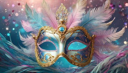 Carnival mask with feathers on a pink and blue background