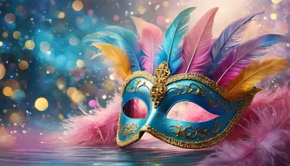 Gordijnen Carnival mask with feathers on a pink and blue background © Ricardo