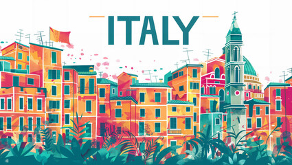 Fototapeta na wymiar illustrative travel background to Italy featuring a blend iconic Italian architecture, isolated on a white backdrop, accompanied by the text 