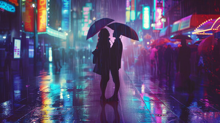 Drama in 2040s neon soaked cityscape emotional reunion on a rainy cyberpunk street vintage yet futuristic