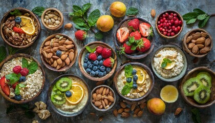 Bowls with healthy food, fruits and dried fruits top view