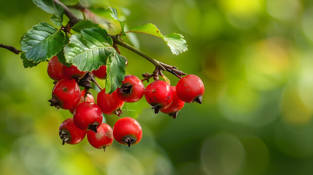Red hawthorn crataegus monogyna berries on a branch with a green blurry background