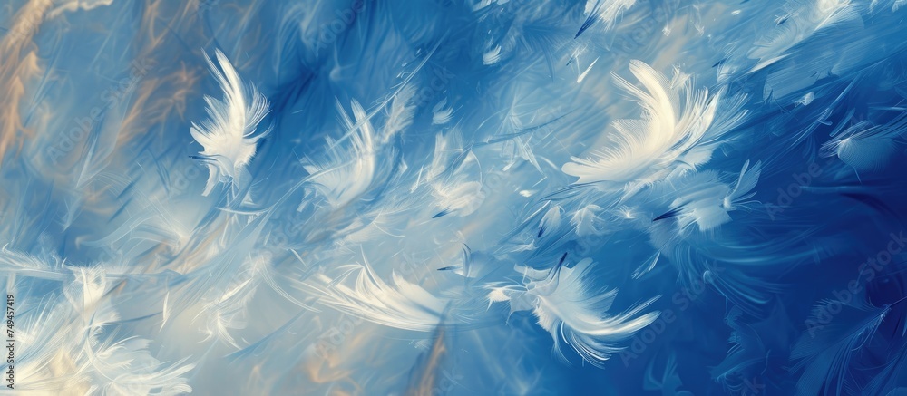 Aufkleber a painting featuring a blend of blue and white colors with delicate white feathers scattered across 
