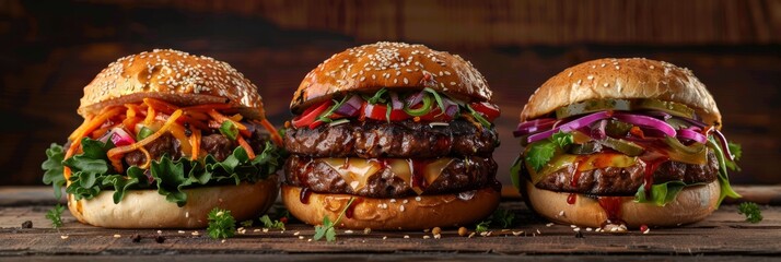 Burger with Korean BBQ, Thai veggies, Middle East spices on wood. Healthy, global cuisine-inspired burger, pasture beef, served open, wooden background. - obrazy, fototapety, plakaty