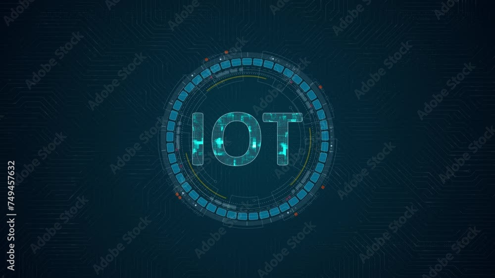 Poster motion graphic of blue digital iot letter and circle futuristic hud elements with internet of things