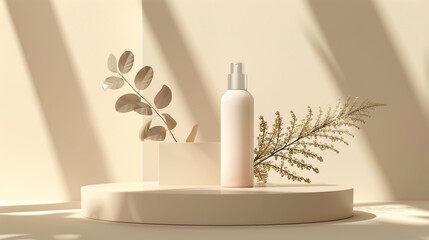 Fototapeta na wymiar 3D rendering mockup cosmetic products on pastel beige background, bottle packaging, minimal, aesthetic trend
