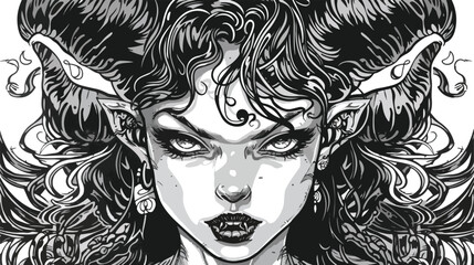 Illustration demon girl with engraving style