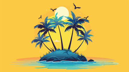 Fototapeta na wymiar Little island with palm trees and sun on yellow background