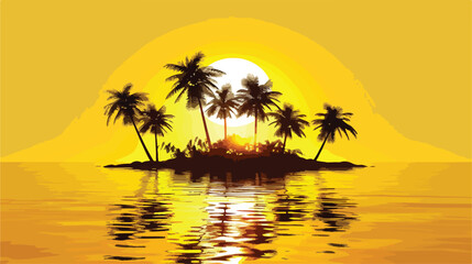 Little island with palm trees and sun on yellow background