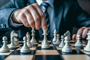 Businessman playing chess board game, planning idea project to battle of competition in market.