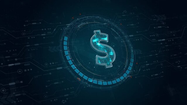 Motion graphic of Blue digital money logo with rotation HUD UI circle technology interface and futuristic elements abstract background crypto currency finance and digital money concepts