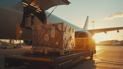 Foto op Canvas loading white container cargo transportation at airport storage warehouse before shipping to destination by airplane or plane flight transportation with express aviation shipping at sunset time © kunchainub