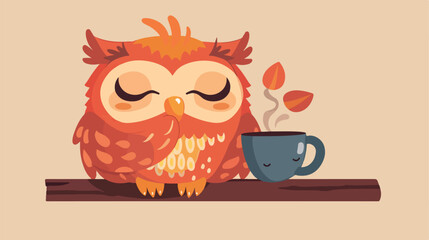 Owl drinking coffee and cant sleep vector flat style - obrazy, fototapety, plakaty
