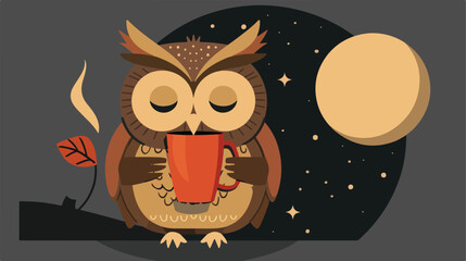 Owl drinking coffee and cant sleep vector flat style - obrazy, fototapety, plakaty