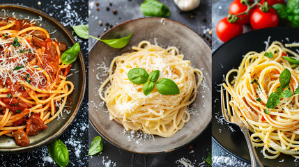 hot plates of italian pasta cooked recipes - obrazy, fototapety, plakaty