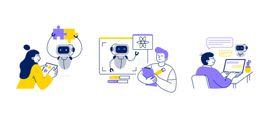 People interact with online chatbots. Robot helps users with work and study online chatbot services. Vector flat illustrations isolated on a white background.
