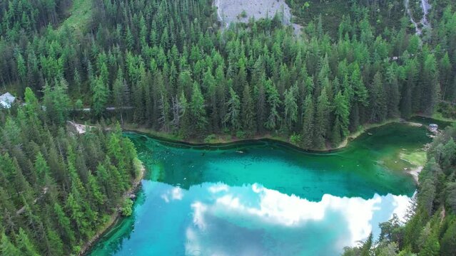 Aerial of Gruner See, beautiful green alpine lake with crystal clear water in spring, Gruner See, Styria, Austria, Europe